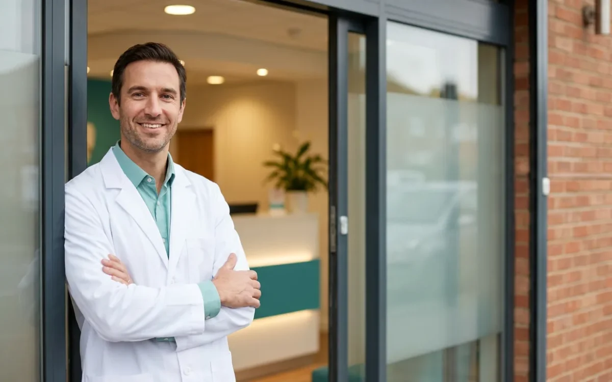 Dentista en la entrada de su clínica dental independiente