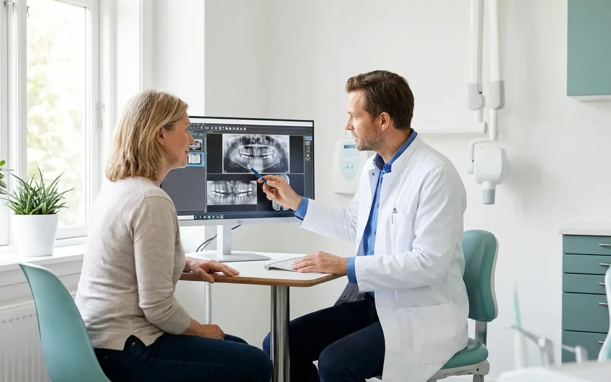 Dentista explicando un plan de tratamiento de implantes a un paciente en la consulta