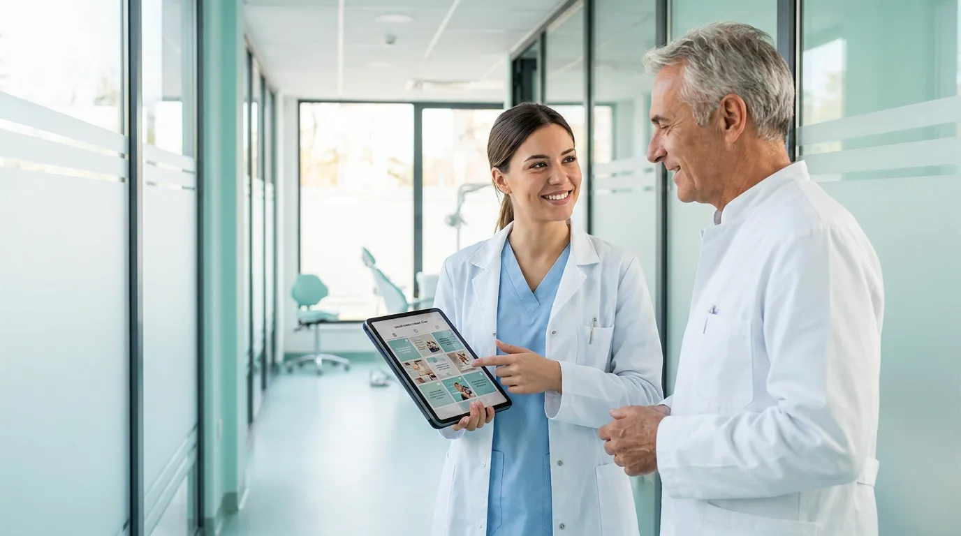Dos dentistas revisando un plan de contenidos en una tablet en la clínica