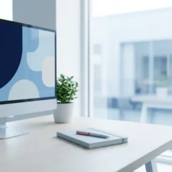 Rincón de la mesa de trabajo con un monitor y una libreta