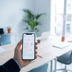 Un móvil mostrando un panel de resultados en la oficina