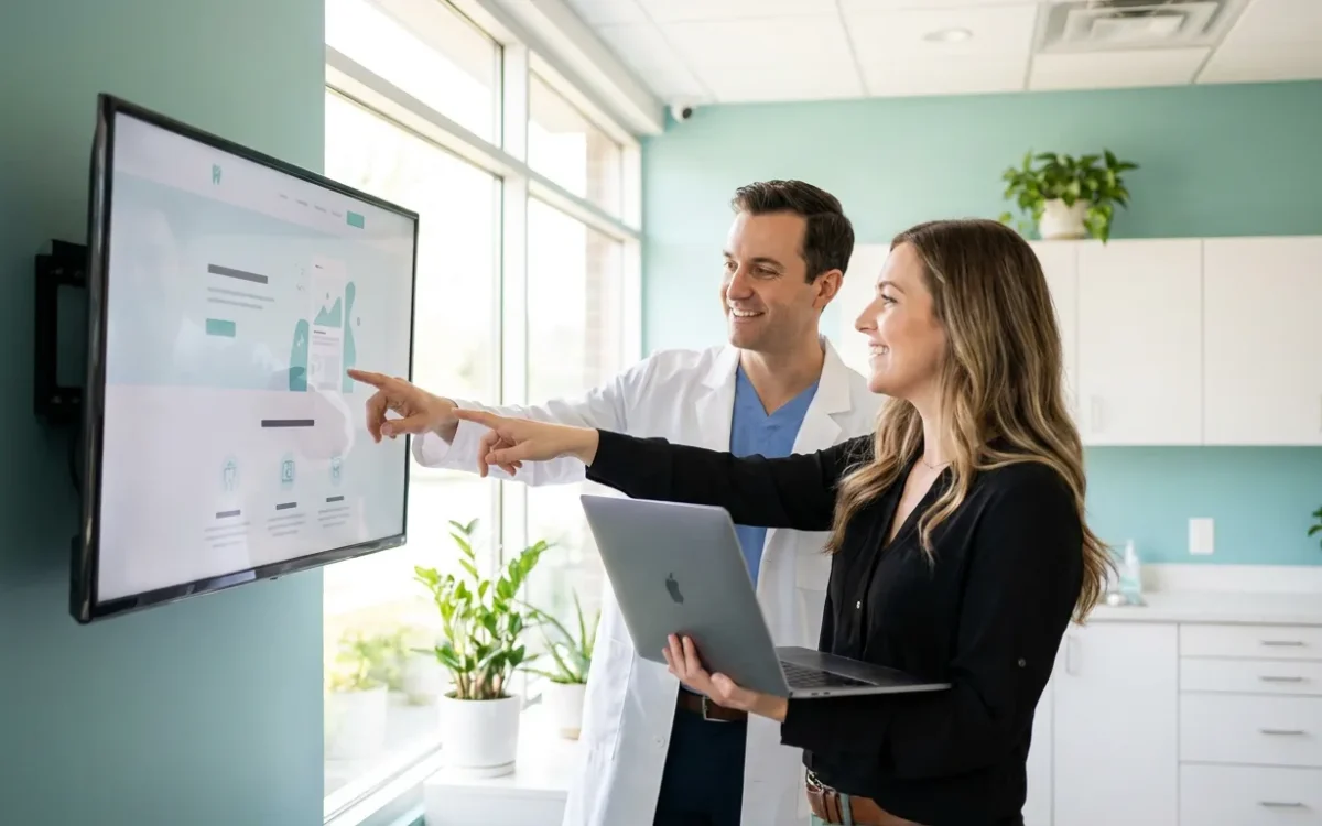 Dentista y diseñador revisando el diseño de la web de la clínica dental