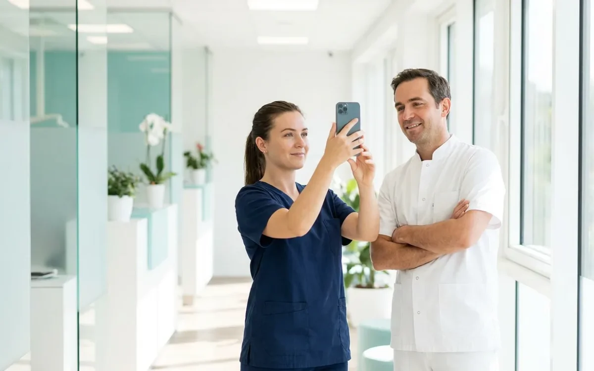 Equipo de una clínica dental fotografiando las instalaciones para su ficha de Google