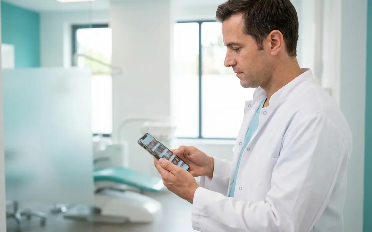 Dentista revisando en el móvil las fotos para el Instagram de la clínica