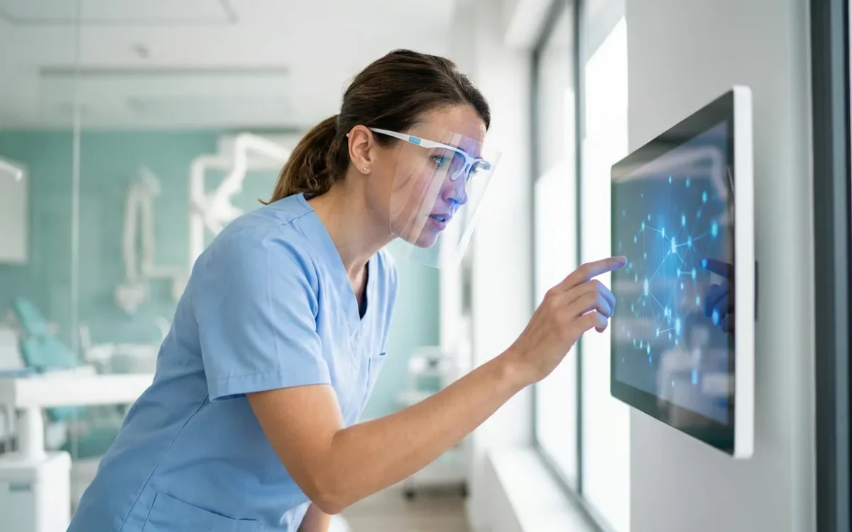 Dentista explorando una herramienta de inteligencia artificial en una pantalla de la clínica