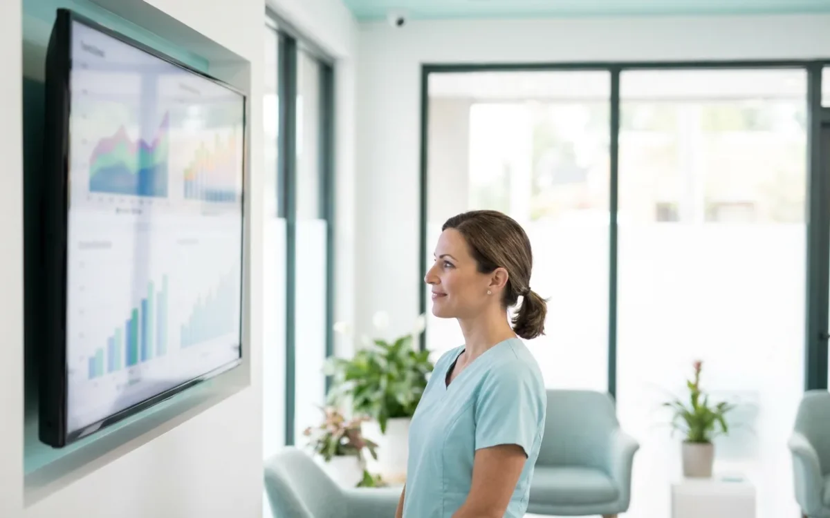 Dentista observando gráficas de tendencias de marketing dental en una pantalla de la clínica