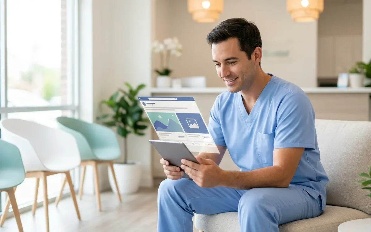 Dentista evaluando un anuncio para redes sociales de la clínica en una tablet