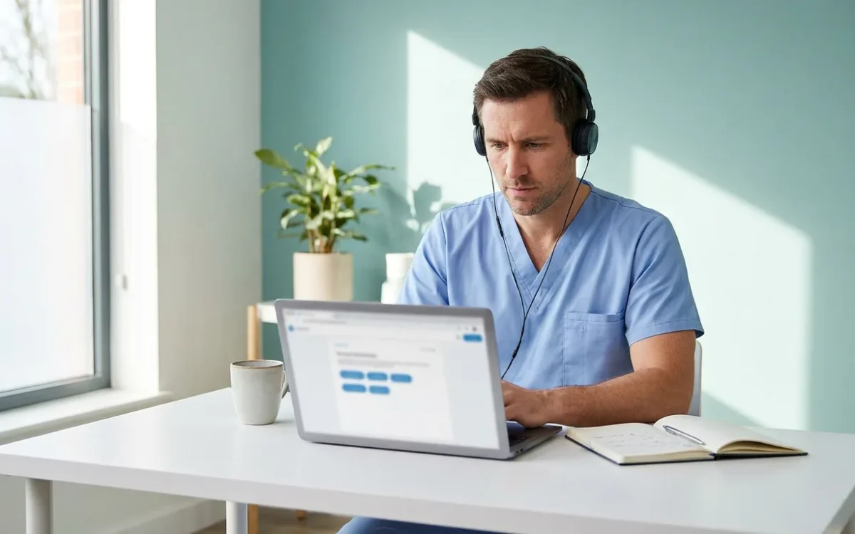 Dentista estudiando los resultados de búsqueda para elegir palabras clave