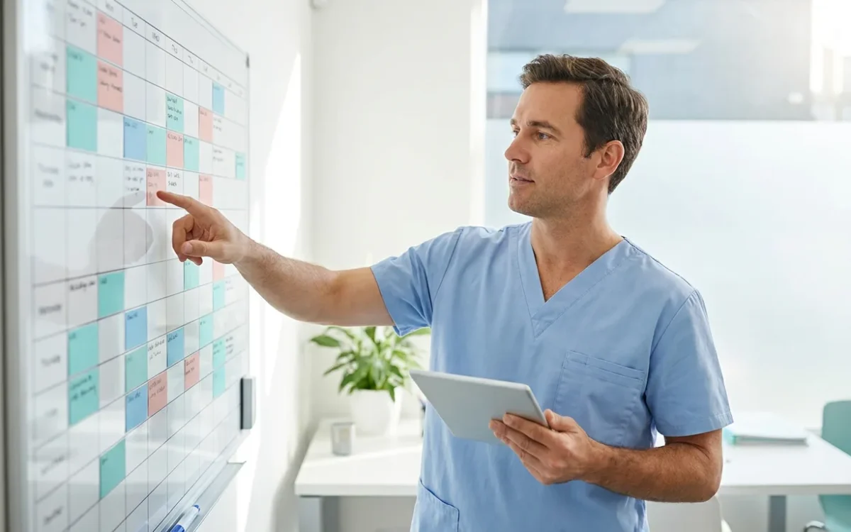 Dentista planificando el calendario de marketing anual de la clínica dental