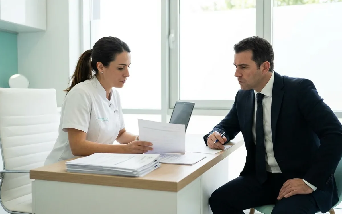 Dentista revisando con una asesora la normativa de publicidad sanitaria de la clínica