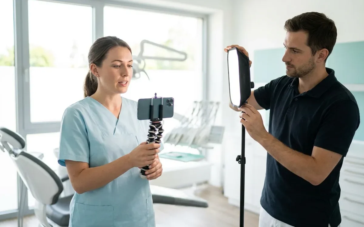 Dentista grabando contenido para las redes sociales de la clínica dental