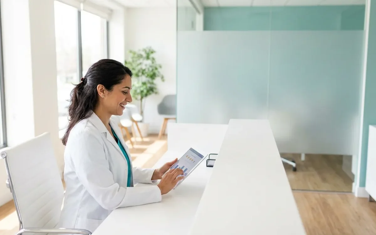 Dentista leyendo las opiniones de sus pacientes en una tablet