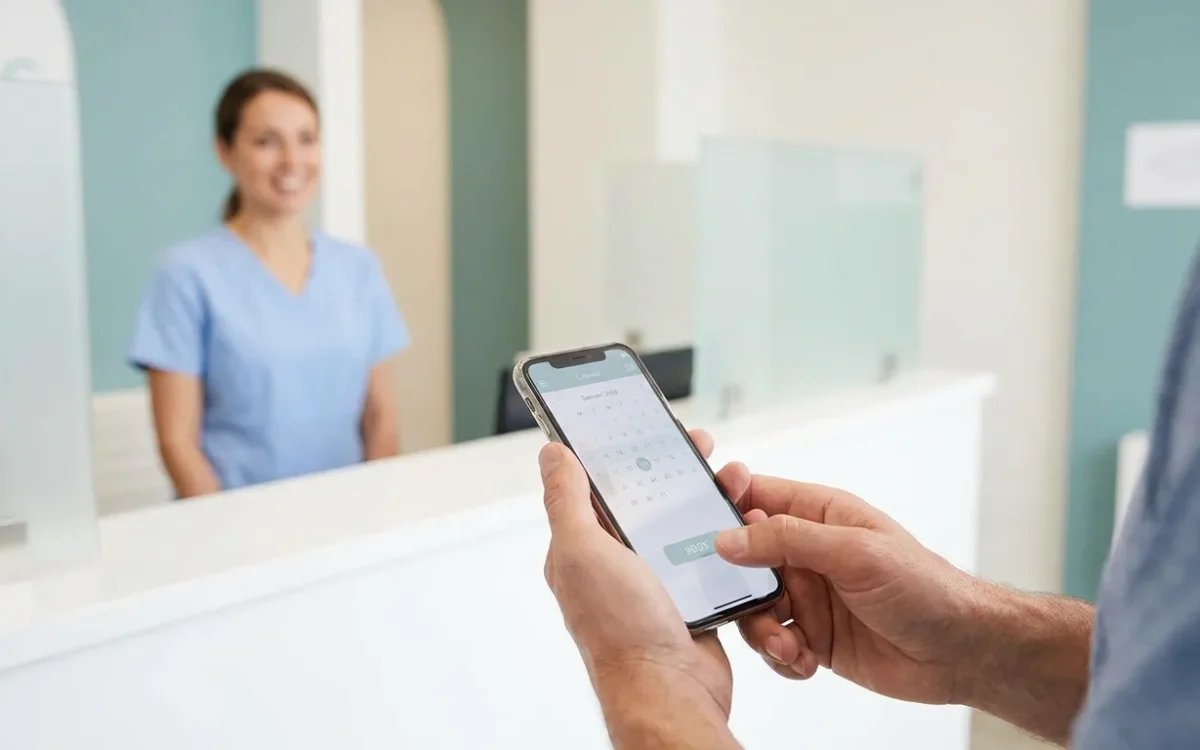 Paciente reservando cita online en el móvil con la clínica dental al fondo