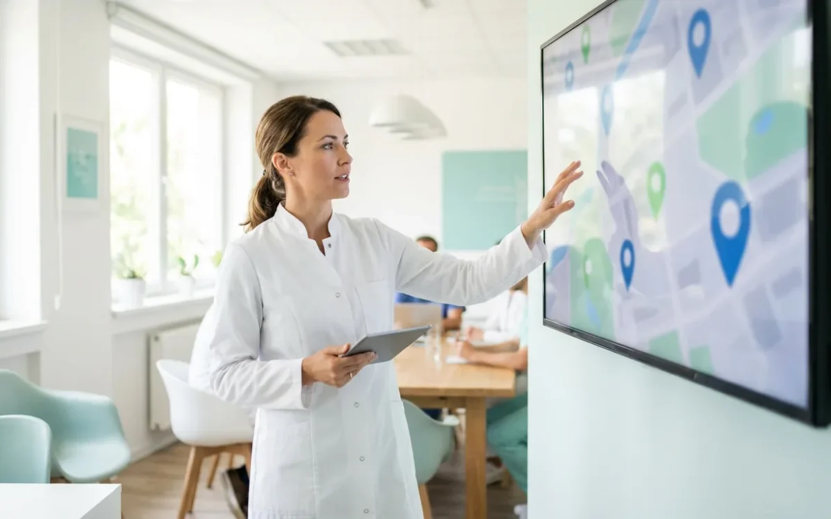 Dentista revisando un mapa con la ubicación de su clínica dental en una pantalla
