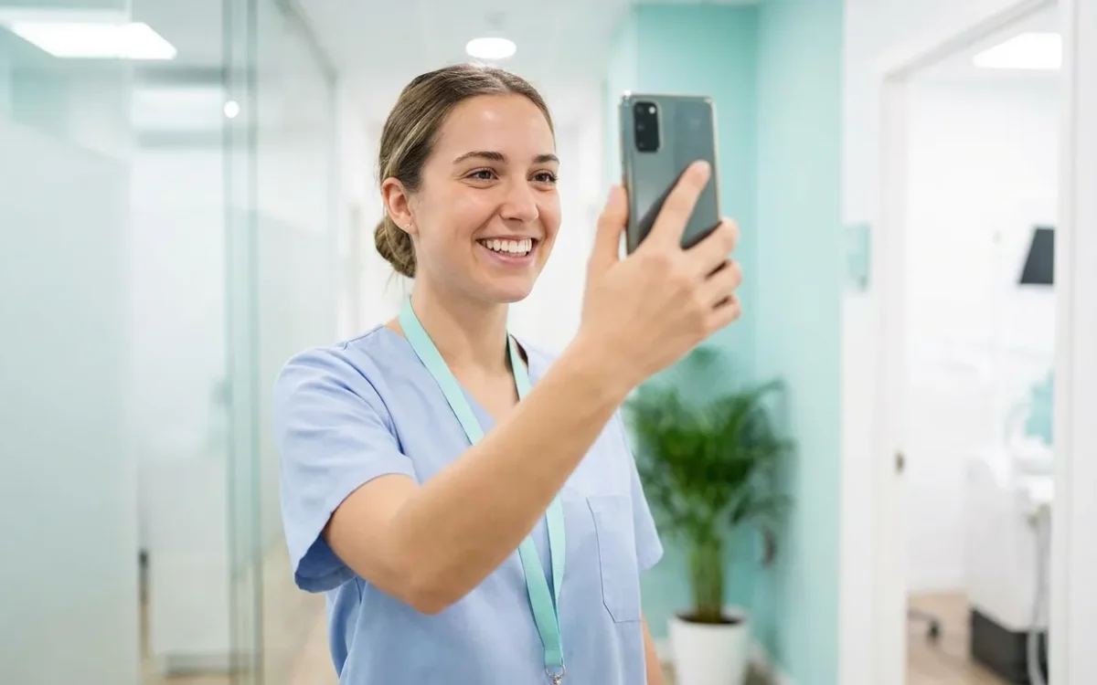 Dentista joven grabando un vídeo vertical en el pasillo de la clínica dental